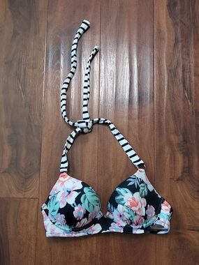 Striped-Strap Floral Bikini Top - Black with Coral & Mint